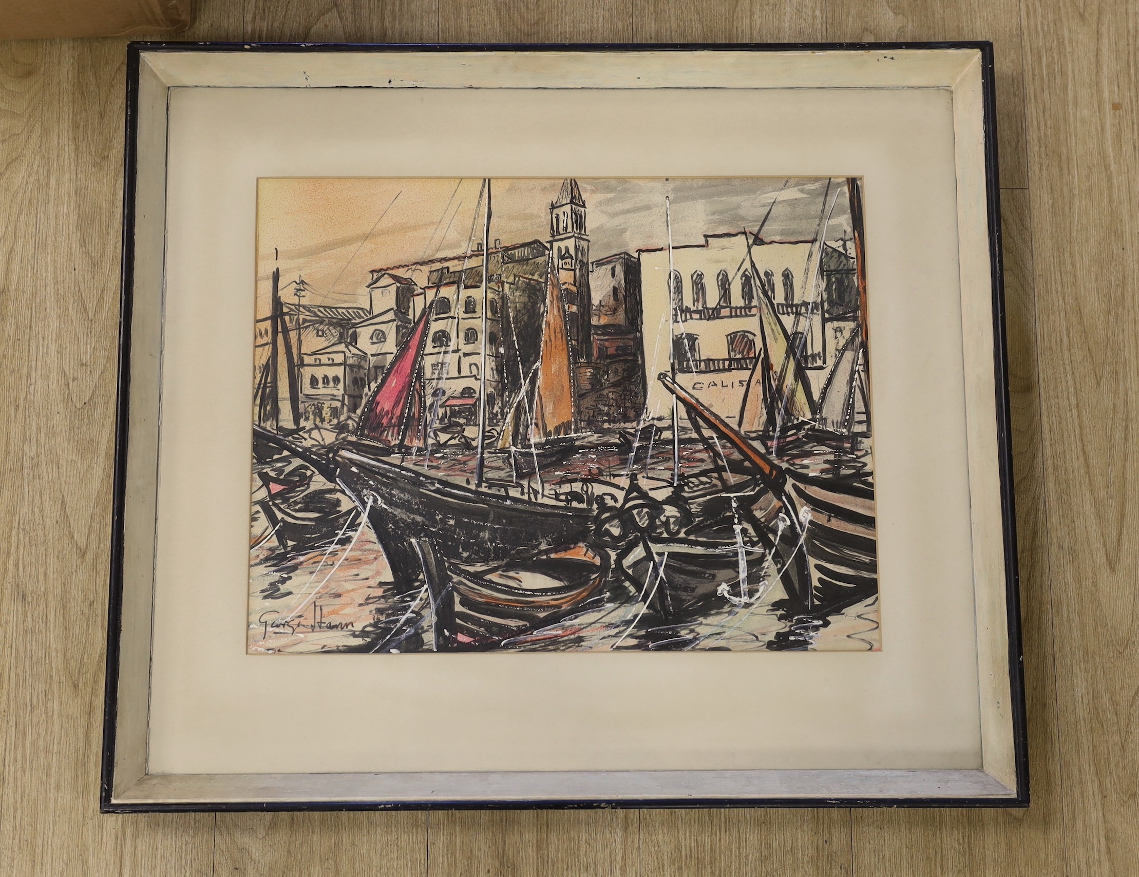 George Hann (1900-1979), ink and watercolour, Venetian scene, signed, 42 x 54cm